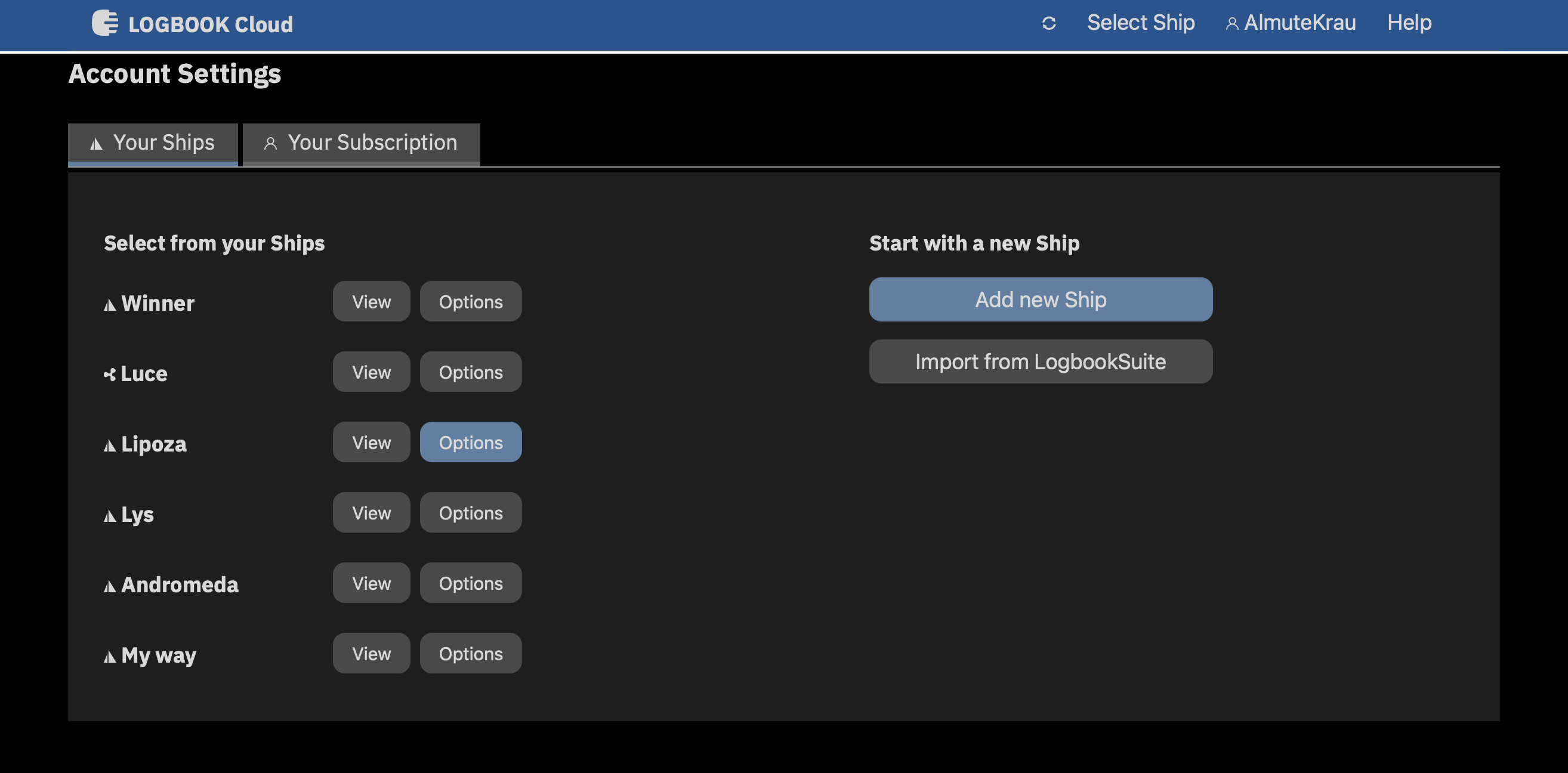 The <strong>Ship</strong> menu in the LOGBOOK Cloud