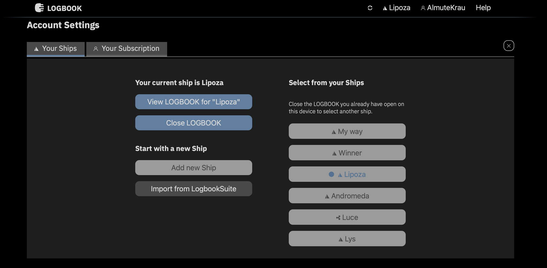 The <strong>Account Settings</strong> view when a logbook is still active