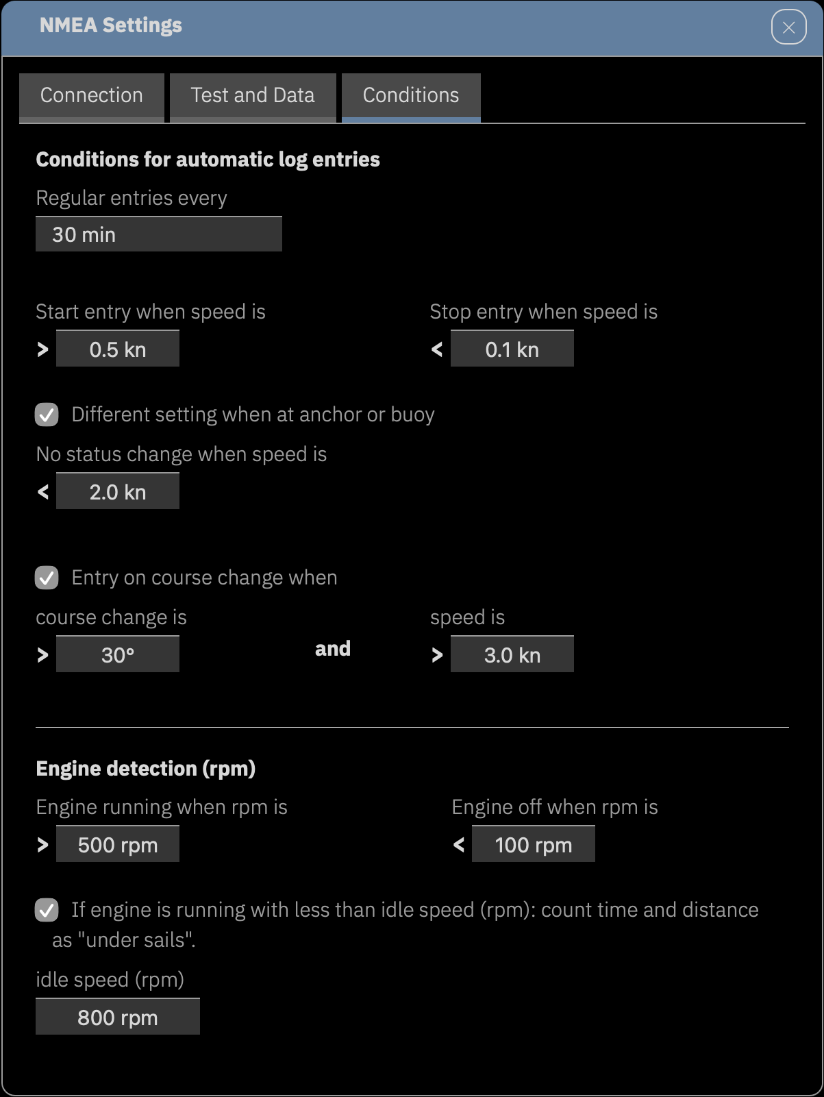 Setting up the conditions for automatic log entries