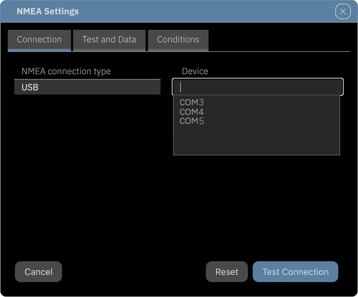 Setting up the USB NMEA connection in the dialog <strong>NMEA Settings</strong>