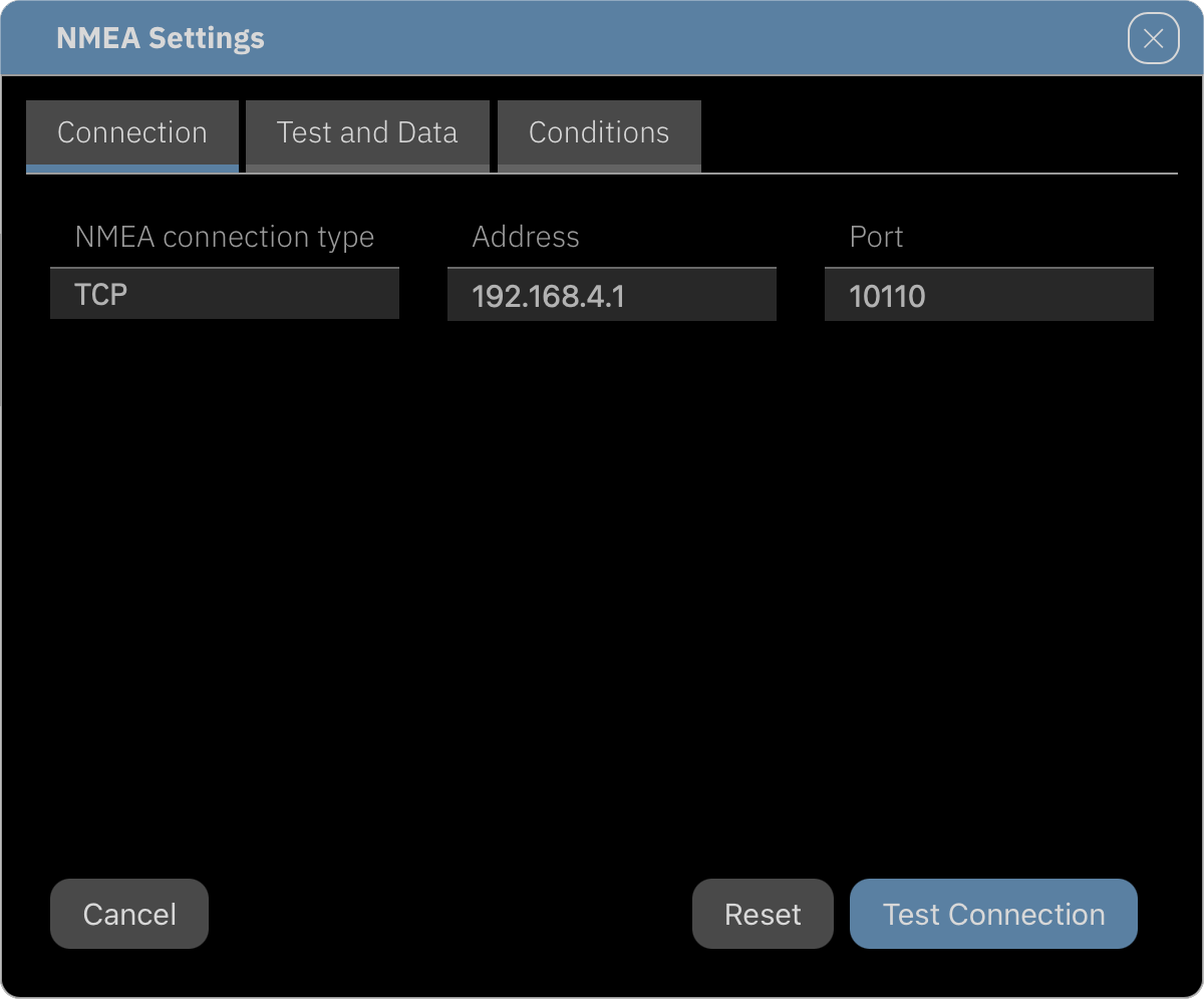 Setting up the connection in the <strong>NMEA Settings</strong> dialog