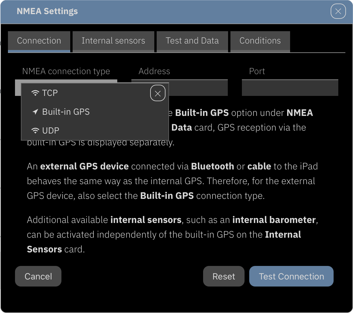 Setting up the connection to the internal GPS in the <strong>NMEA Settings</strong> dialog